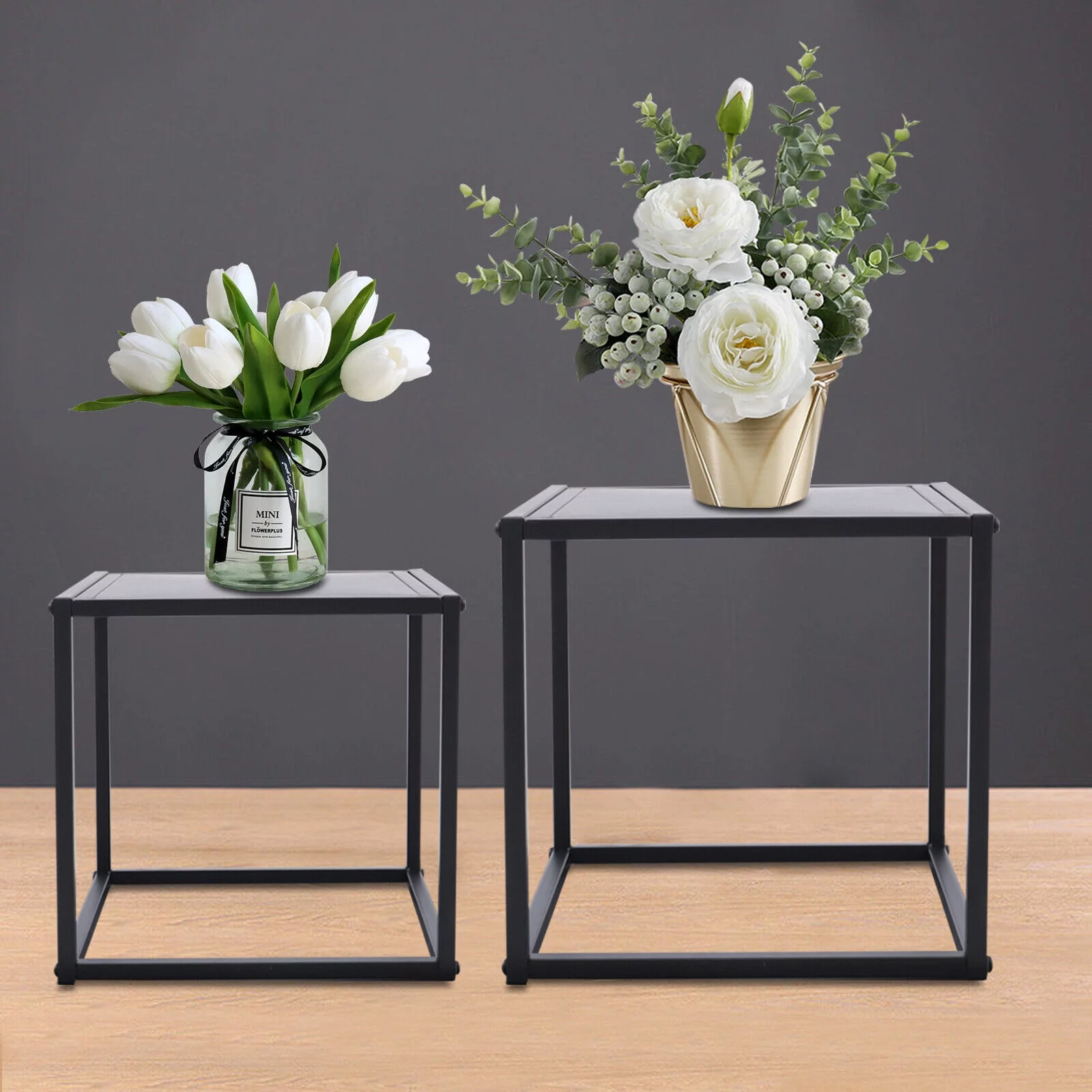 2Pcs Modern Square Metal Coffee Table Side Table End Table Matt Black Home Office
