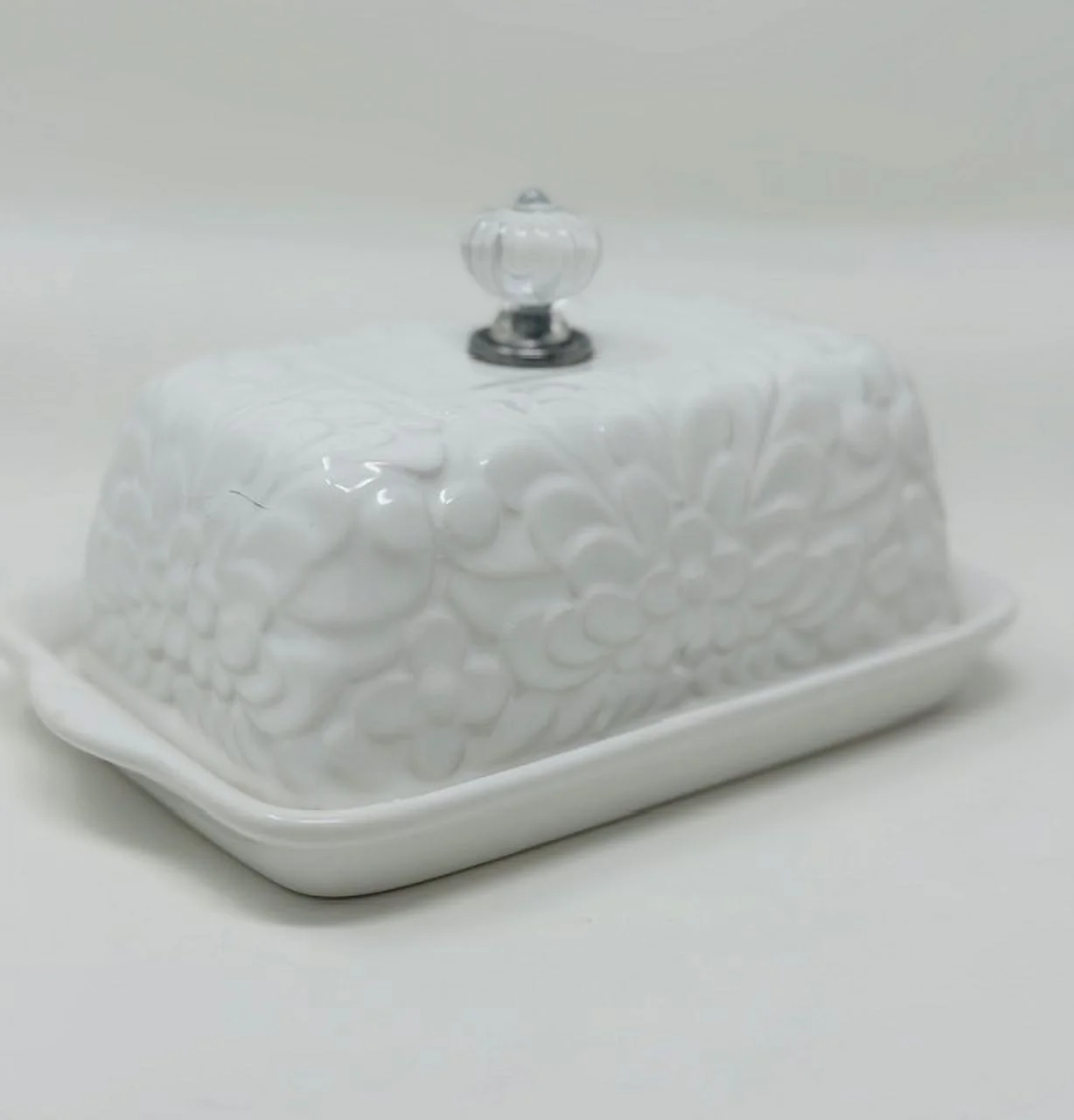 Drew DeRose Designs  white floral  butter dish with crystal  knob 7