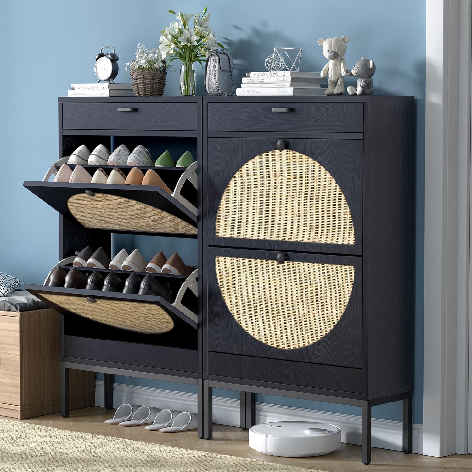 Brafab Shoe Cabinet, Shoe Rack Storage Organizer with 2 Flip Drawers, Natural Rattan Weave Shoe Storage Cabinet for Sneakers, Slippers (Black,2 Pieces)