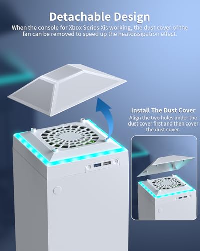 MENEEA Cooling Fan Dust Proof for Xbox Series X Console with Colorful Light Strip,MENEEA Dust Cover Filter,Rubber Dust Plugs,Low Noise Top Fan with 3 Gears,Cooler&Light Independent Touch Switch, 2 USB Port