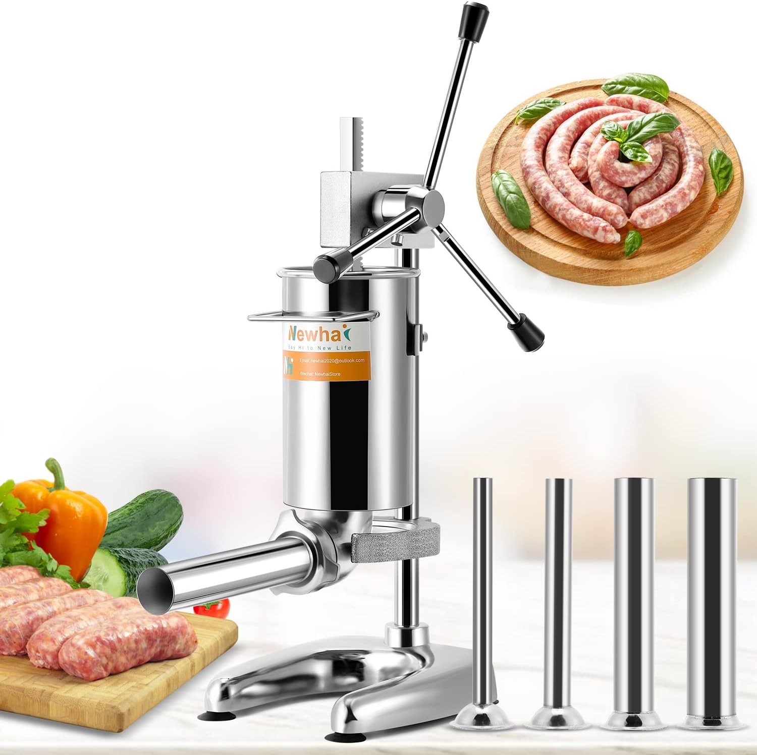 Newhai Manual Sausage Stuffer Stainless Steel Vertical Sausage Maker with 4 Sausage Tubes Meat Filler Home and Commercial Use (2L)