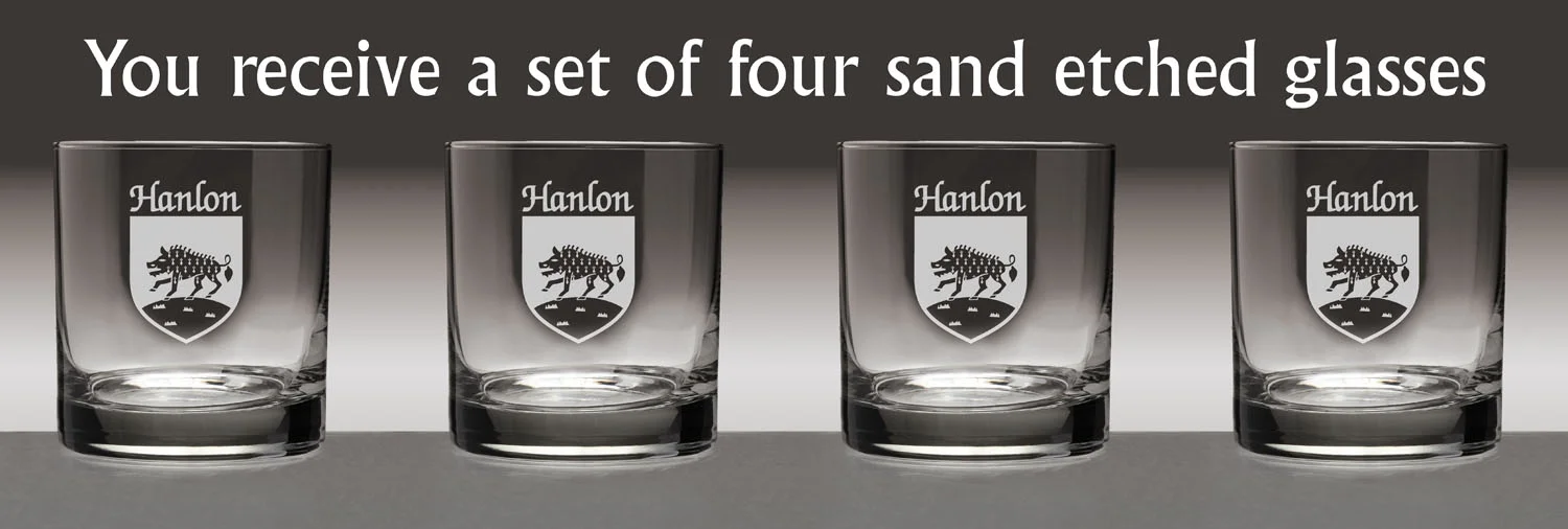 Hanlon Irish Coat of Arms Tumbler Glasses - Set of 4 (Sand Etched)