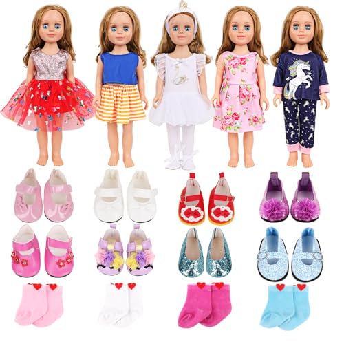 18-Inch Doll Clothes & Accessories Kit: 5 Pre-Styled Outfit Sets + 2 Pairs of Shoes (8 Styles Available) - Fashion Dress-Up Play Set for Dolls, Gift for Girls Ages 3-10