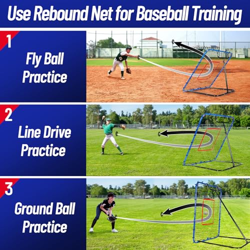 Baseball Rebounder Net 4 x 4.5 FT Baseball Training Equipment Baseball Bounce Back Net with 5 Ball Return Angles Softball Pitching Net Fly Ball Line Drive Ground Ball Training Net for Fielding
