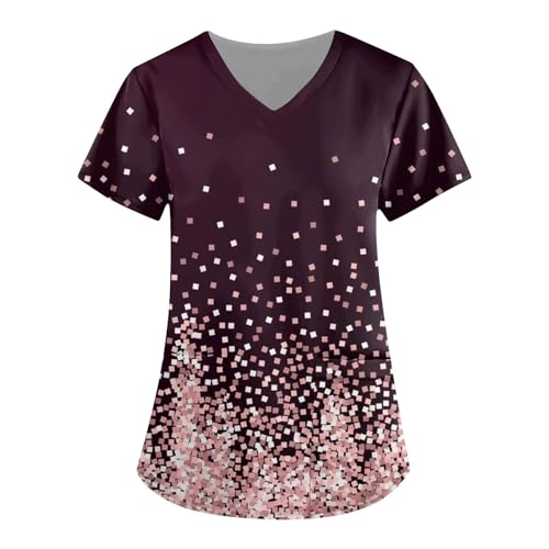 Womens Scrubs Floral Printed Short Sleeve Blouses V Neck Working T-Shirts Easy Care Scrubs Tops with Pocket