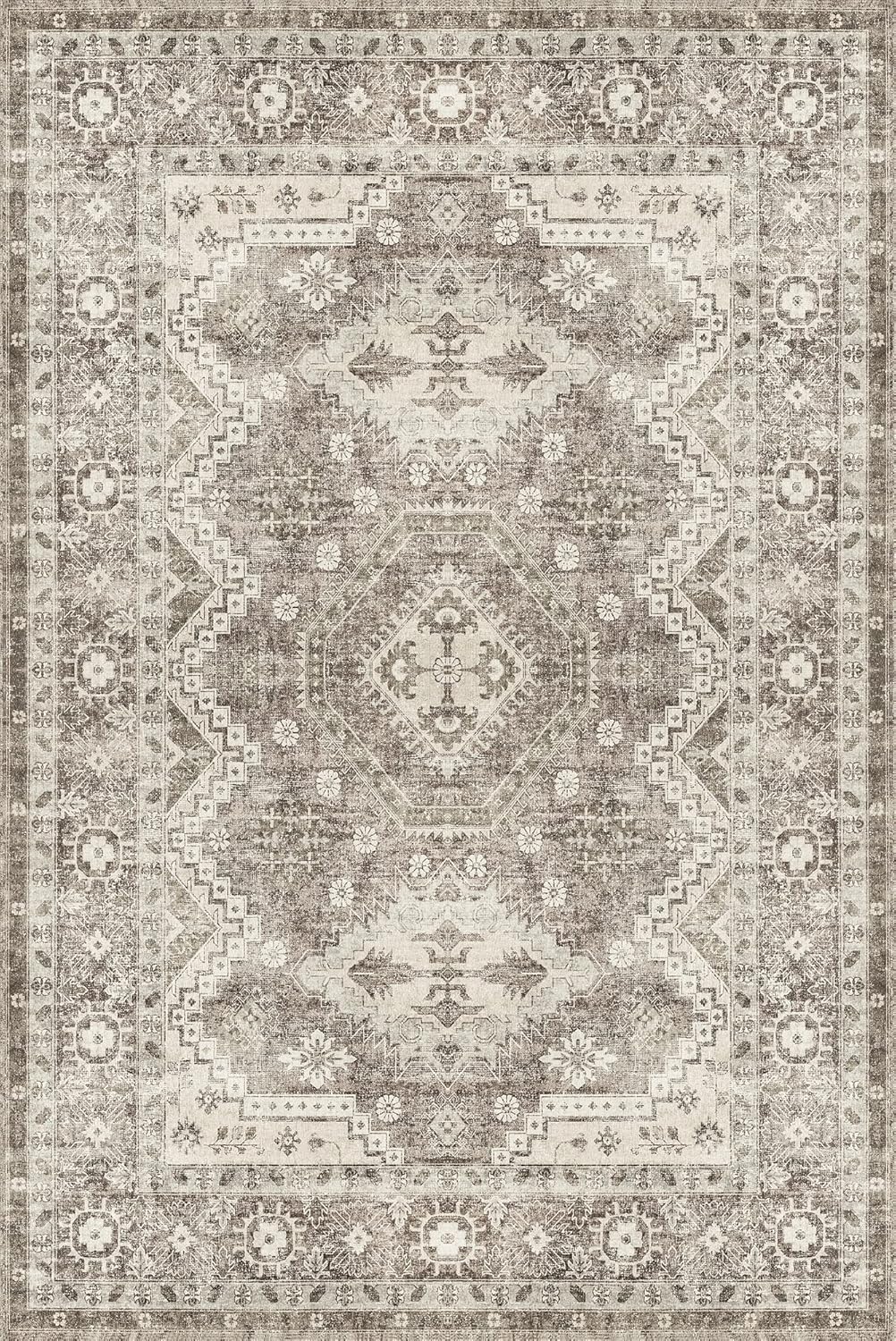 Rugland 9x12 Area Rug - Stain Resistant Washable Rug, Anti Slip Backing Rugs for Living Room, Vintage Tribal Area Rugs (TPR07-Ivory, 9'x12')