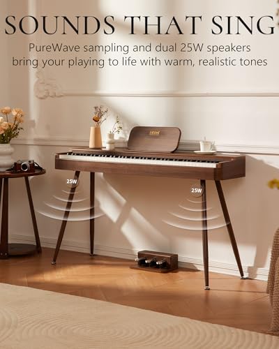 AKLOT Touchscreen Weighted Keyboard Piano: 88-Key Graded Hammer Action Digital Piano, Handcrafted Round-Edged Design, Triple Pedal, Stand, USB-MIDI, Headphone, Beginner Lesson Book (AUR-LS01 Walnut)