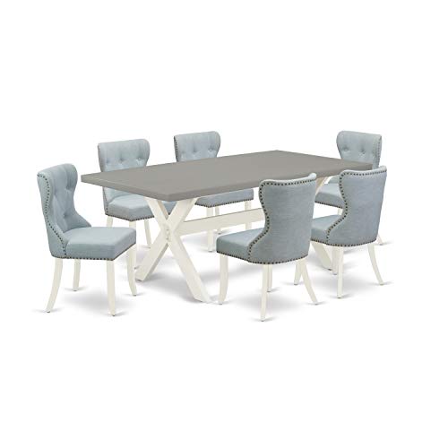 East West Furniture X077SI215-9 9 Piece Dining Room Table Set Includes a Rectangle Kitchen Table with X-Legs and 8 Baby Blue Linen Fabric Parson Dining Chairs, 40x72 Inch, Multi-Color