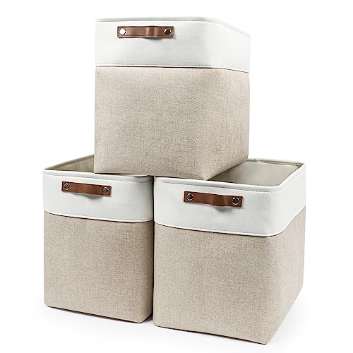 Storage Bins Large Fabric Storage Baskets for Shelves 3 Pack, Decorative Linen Closet Baskets with Handles for Organizing, Shelf, Clothes, Home, Office, 15x11x9.5Inches (Beige&White)