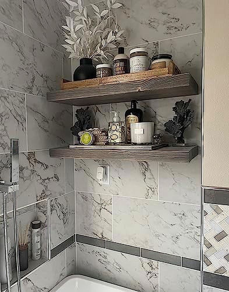 Joel's Antiques Floating Wall Shelf For Bathroom, Kitchen, Living Room, Bedroom, & Farmhouse - Wall-Mounted Rustic Stand, Wooden Hanging Display - Grey, 24