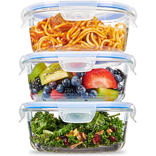 FineDine 12-Piece Superior Glass Food Storage Containers Set, 35oz Capacity - Newly Innovated Hinged Locking lids - 100% Leakproof Glass Meal-Prep Containers, Freezer-to-Oven-Safe (Grey)