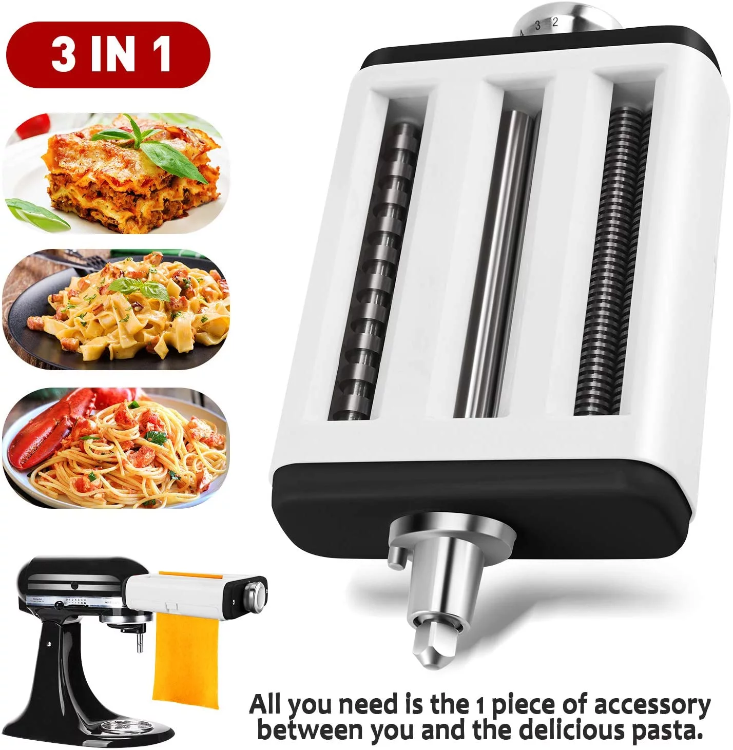 3 In 1 Pasta Maker Attachment for Kitchenaid Mixer, Professional Pasta Attachment Includes Pasta Dough Roller, Spaghetti Cutter, Fettuccine Cutter and Cleaning Brush, Pasta Attachment for Stand Mixer