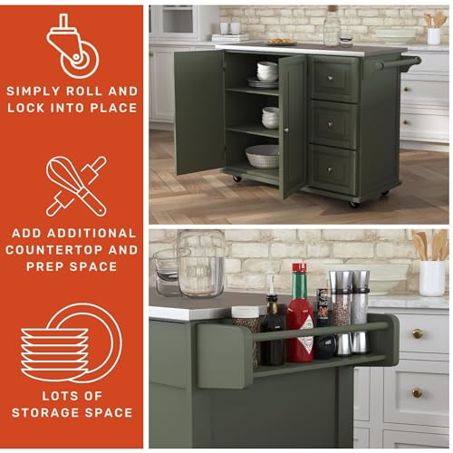 homestyles Mobile Kitchen Island Cart with Stainless Steel Top, Sage Green