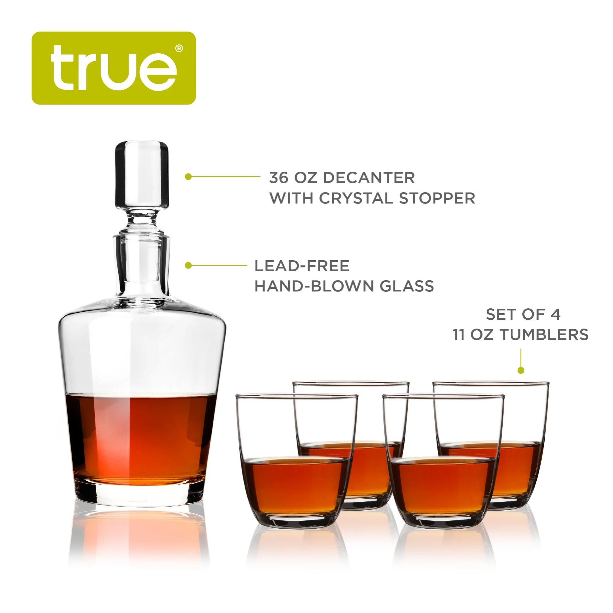 True Liquor Decanter & Tumbler Set - Whiskey Bourbon Wine Decanter Set, Crystal Glass Set, Bar Accessory - Includes 4 11 Oz Tumblers, 1 36 Oz Decanter