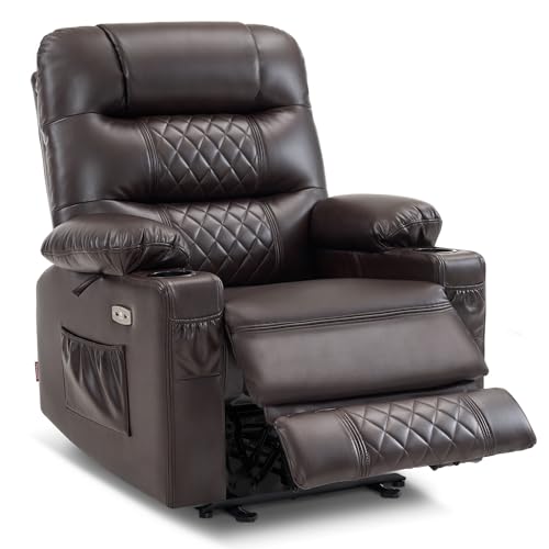 MCombo Zero Gravity Power Recliner Chair with Heat and Vibration Massage, Reclining Chair with USB Ports, Cup Holders for Living Room, Faux Leather PR621 (Brown)