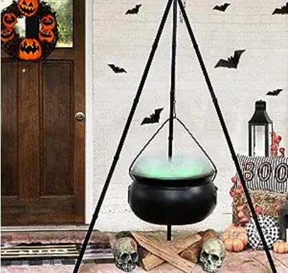Witch Cauldron with Light On Tripod Stand Witches Cauldron Halloween Outdoor Decor Black Plastic Bowl Halloween Party Decoration for Halloween Home Decoration Porch Indoor (Black)