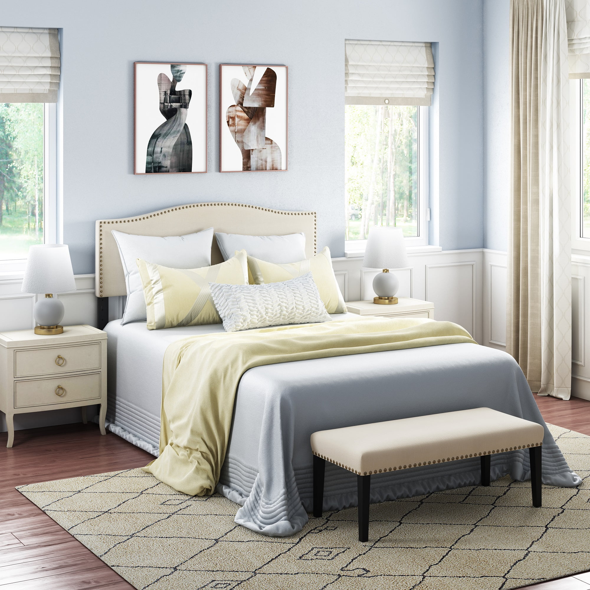 Nailhead Trim Headboard and Bench Set in Linen Fabric