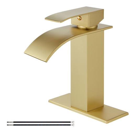 Airuida Brushed Gold Tall Waterfall Bathroom Vessel Sink Faucet Modern Bathroom Vanity Faucet Single Handle Single Hole Farmhouse Bar Mixer Tap Washbasin Faucet Deck Mount