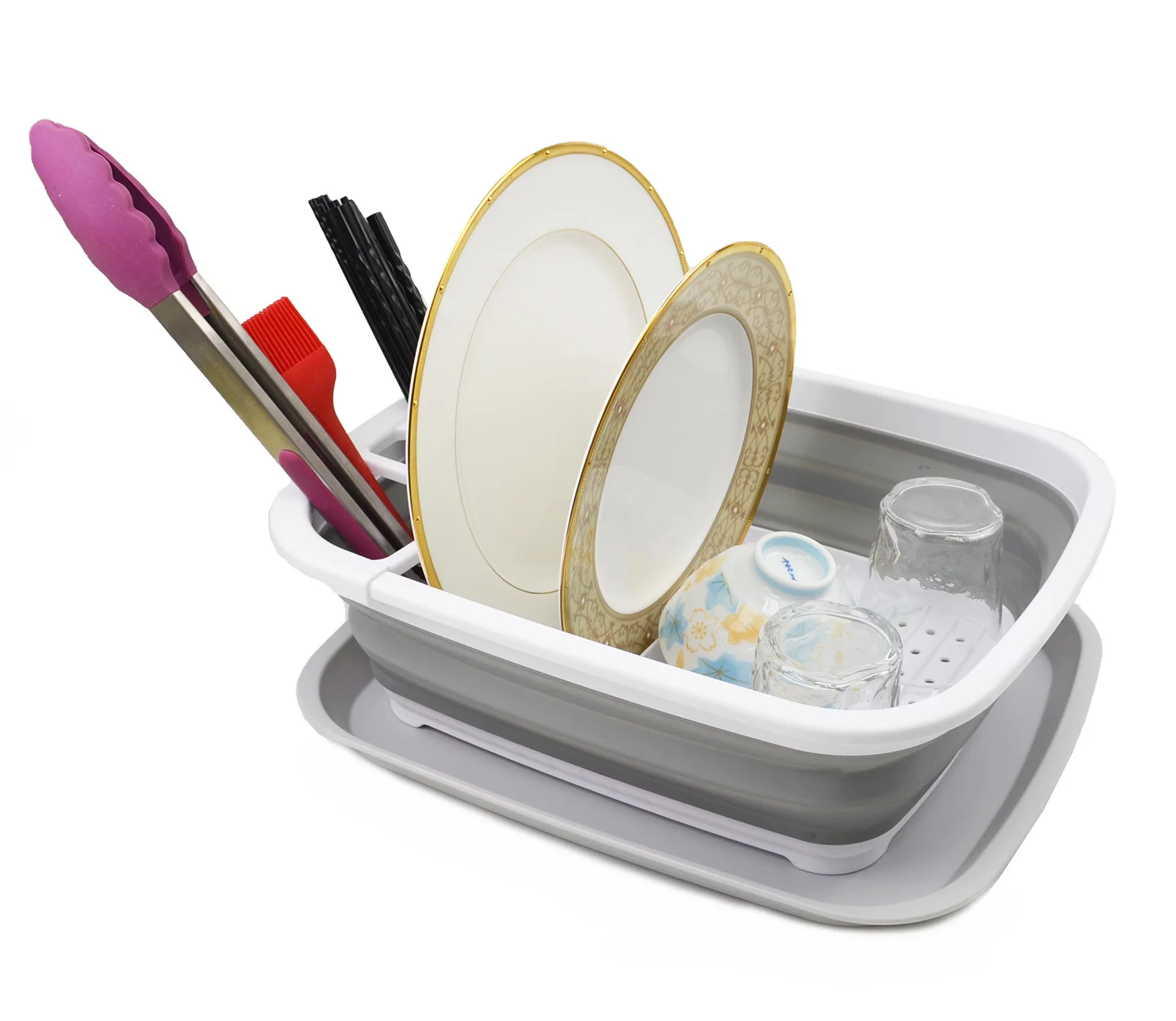 SAMMART 2-pcs Set of 10L(2.6 Gallons) Collapsible Plastic Tub & 8L(2.11Gallons) Collapsible Dish Drainer with Drainer Board-Foldable Drying Rack Set-Portable Washing Basin