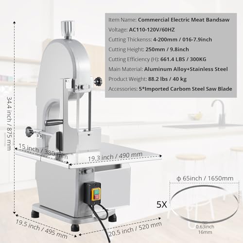 1100W Electric Bone Saw Machine, 0.16-7.09 Inch Cutting Thickness, Frozen Meat Cutter With 5 Saw Blades, 19.3