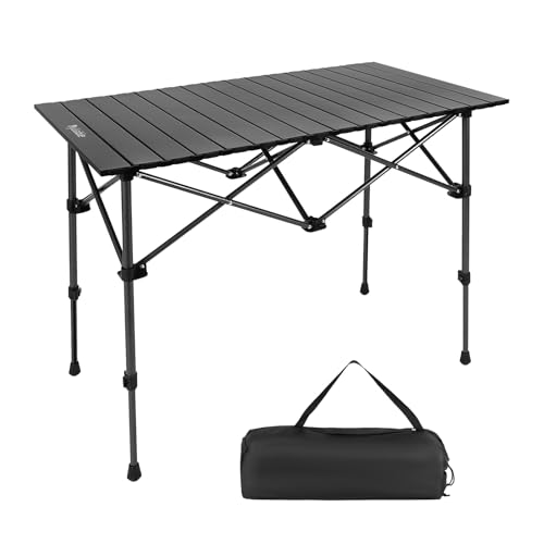 Camping Table Folding Portable Camp Aluminum Fold Up Lightweight Roll Up Table Adjustable Height with Carry Bag Indoor Outdoor for Camping, Picnic, Backyard, BBQ, Patio, Black