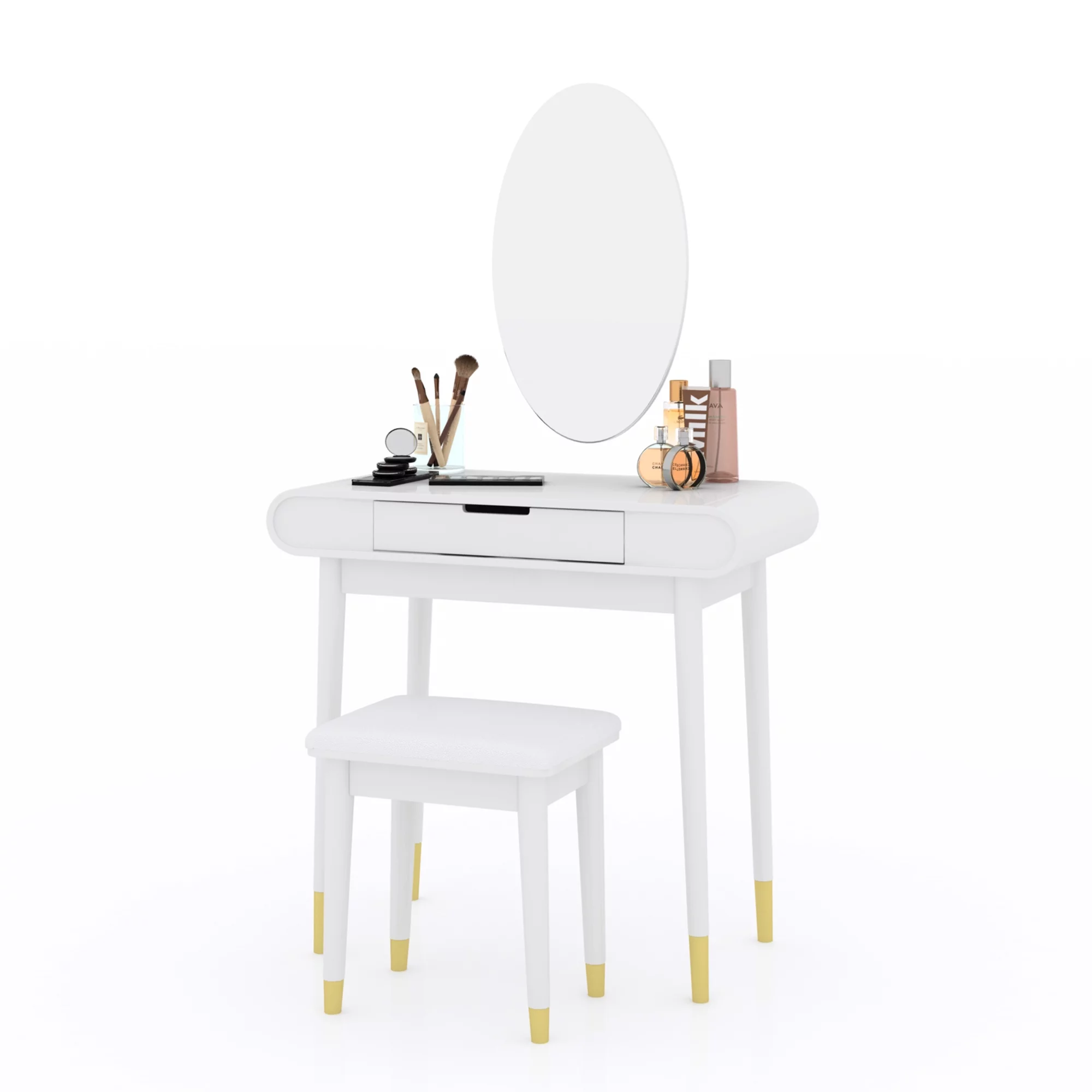 Organizedlife Makeup Vanity Table Set with Wall Mirror,Dressing Table with Stool,White Modern
