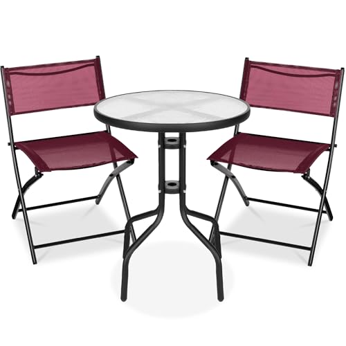 Best Choice Products 3-Piece Patio Bistro Dining Furniture Set w/Glass Tabletop, 2 Folding Chairs, Steel Frame, Polyester Fabric - Gray
