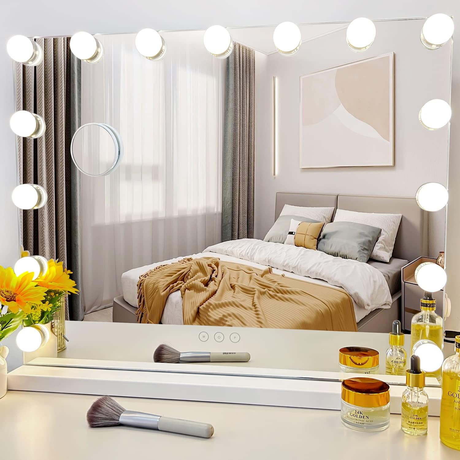 Vanity Mirror with Lights,Lighted Vanity Mirror with 15 Dimmable Bulbs for Dressing Room & Bedroom,3 Color Lighting,Modes Detachable 10x Magnification 360°Ratation (Off White-15 Bulbs)