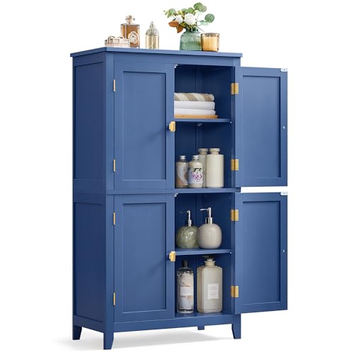 VASAGLE Bathroom Floor Storage Cabinet, Bathroom Storage Unit, Freestanding Cabinet with 4 Doors, Adjustable Shelves, 11.8 x 23.6 x 43.3 Inches, Forest Green UBBC552C01