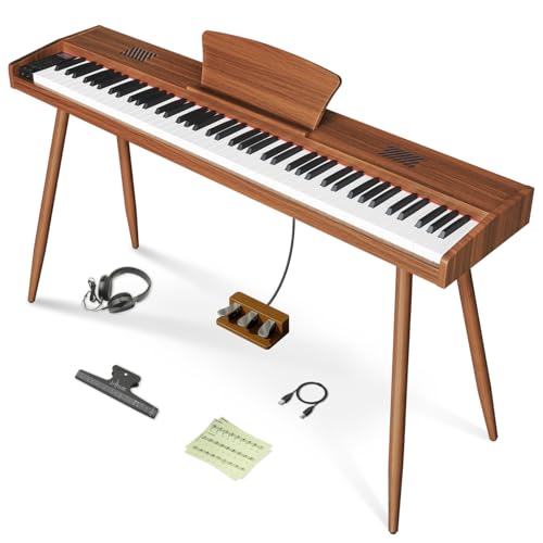 Longeye Digital Piano 88 Keys Wood Piano Keyboard Semi Weighted Electric Piano for Beginners and Professionals with Triple Pedal, Headphone, Music Rest Support MIDI Connection MOOD Walnut