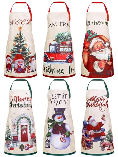 Bencailor 6 Pcs Christmas Aprons with Pockets Adjustable Xmas Kitchen Aprons Waterproof Cooking Aprons for Women Men(Red and White,Xmas Tree)