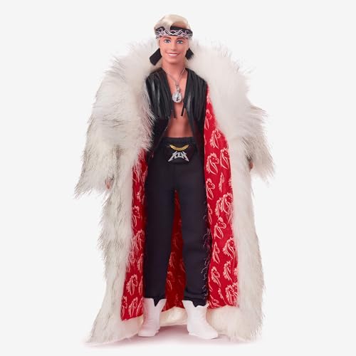 Barbie The Movie Collectible Ken Doll Wearing Big Faux Fur Coat and Black Fringe Vest with Bandana
