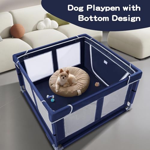 Pet Playpen 42 42 inch, 25 Height with Bottom, for Small Dogs & Animals, Indoor & Outdoor Play Yard with Zipper Door