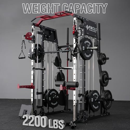 Mikolo Smith Machine, 2200lbs Squat Rack with LAT-Pull Down System & Cable Crossover Machine, Training Equipment with Leg Hold-Down Attachment