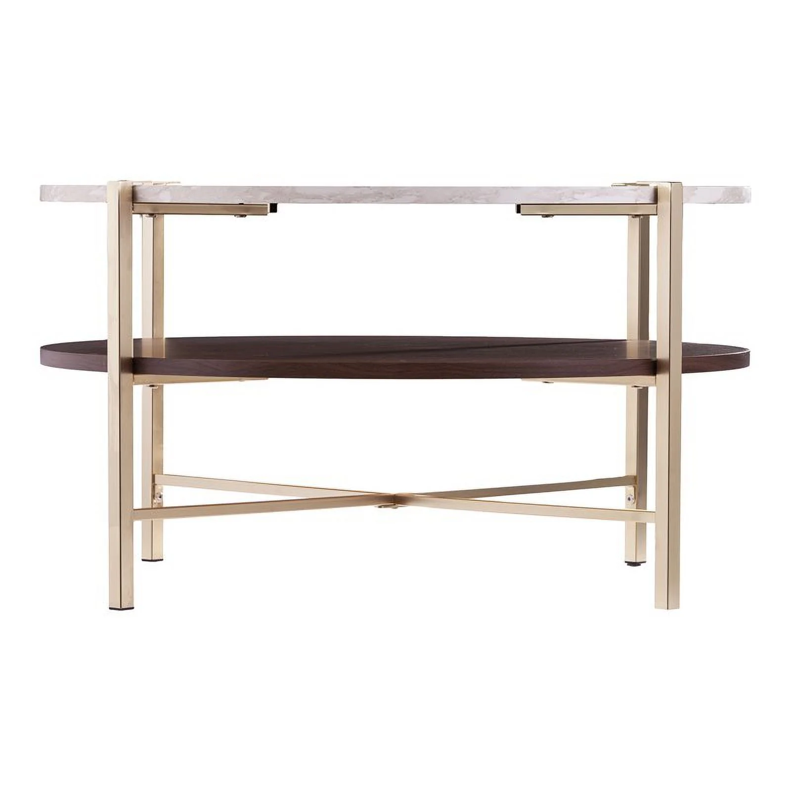 Maklaine 2 - Tier Round Faux Marble Top Cocktail Table in Brass / Dark Tobacco
