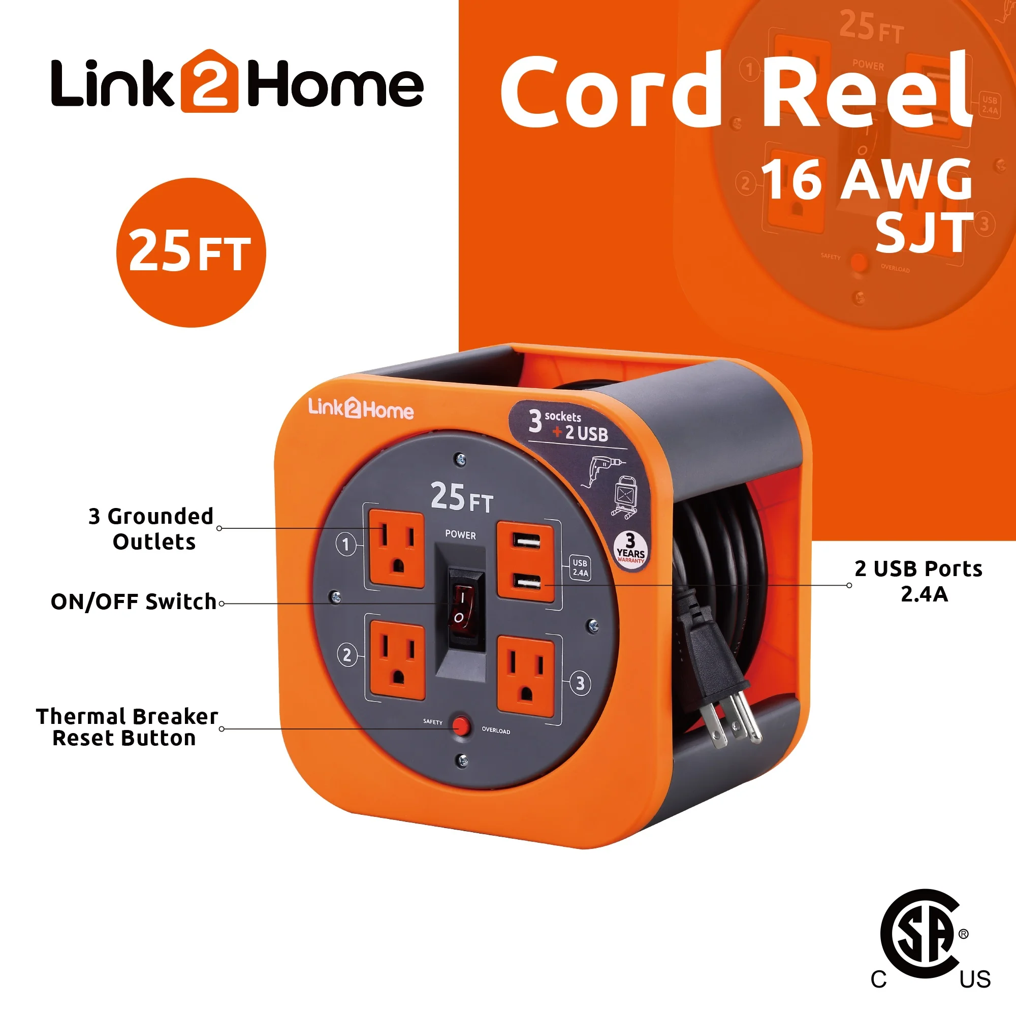 Link2Home Cord Reel 25 ft. Extension Cord 3 Power Outlets, 2 USB Ports, 2.4A Fast Charge – 16 AWG SJT Cable.
