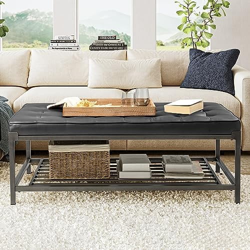 KHBIULIFE Tufted Coffee Table Ottoman with 2-Tier    Metal Rectangle Coffee Table with Leather Padded Seat for Living Room  Large Upholstered Cocktail Table with   Black