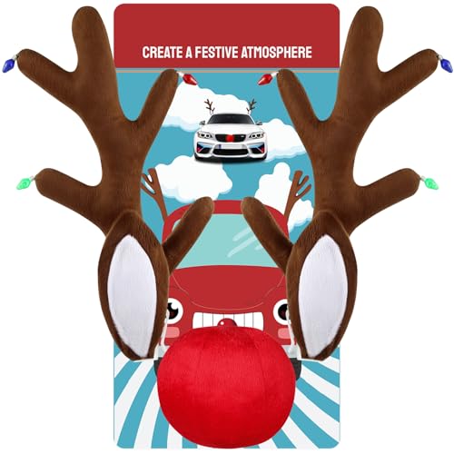 Christmas Car Reindeer Antlers with Ears and Nose - Festive Plush Antler Kit with Hanging Light - Universal Fit Rudolph Holiday Decoration for Car Window SUV Truck Xmas Gift