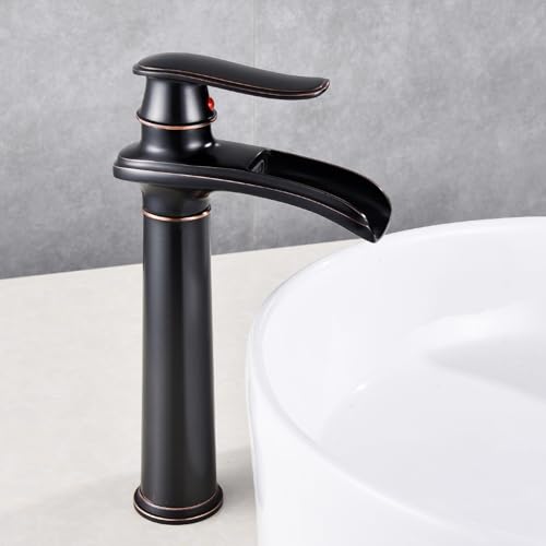 Bathroom Vessel Sink Faucet, Waterfall Oil Rubbed Bronze Bathroom Faucet, Vessel Faucet, Tall Body 1 Hole Single Handle with Pop Up Drain Combo Vanity Mixer Tap Basin Bowl Sink
