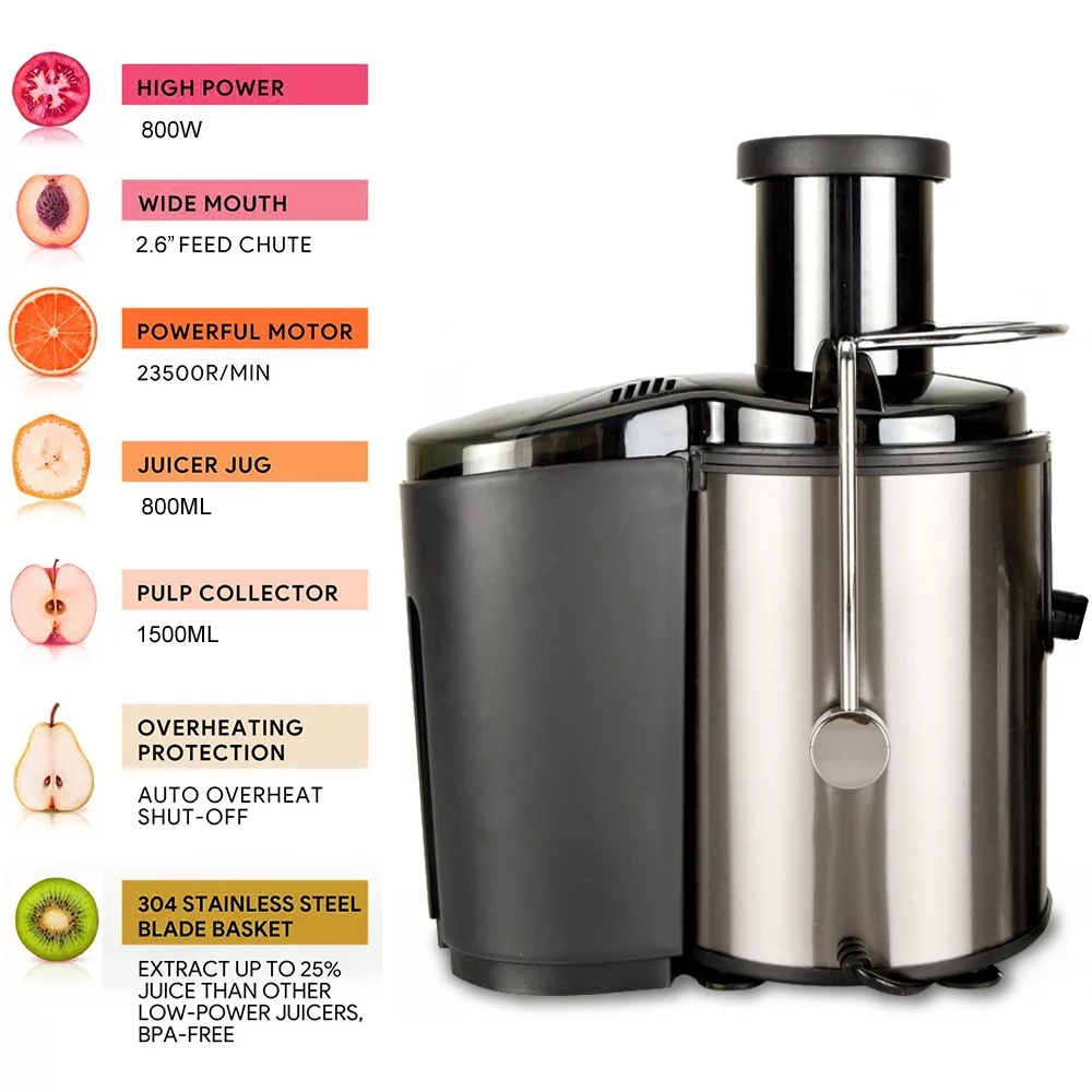Xhy Electric Juicer with 2 speeds, Easy Clean, 65mm wide mouth, Stainless Steel (BPA Free), Black