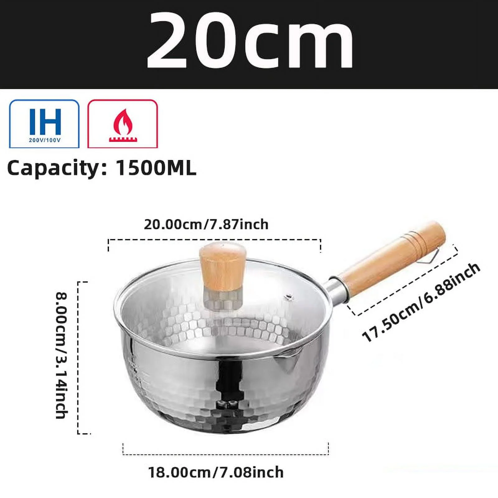 20cm Myvit Snow Pot soup pot Non-Stick Pan with Lid Kitchen Stainless Steel Milk Pot Kitchen Japanese wooden handle Cookware Saucepan