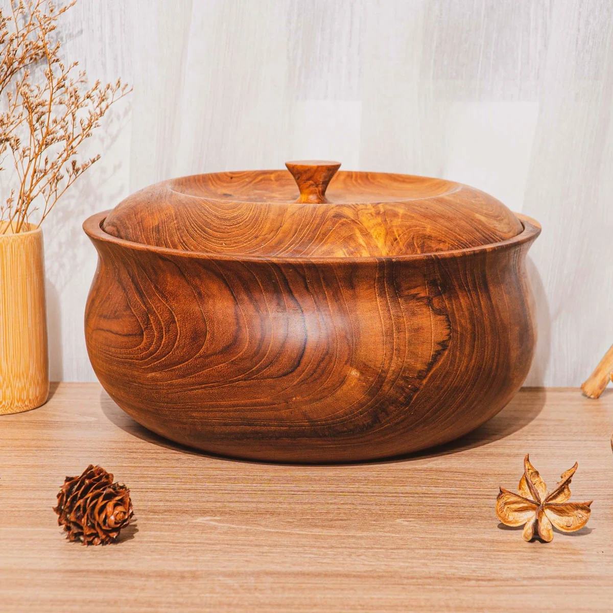 Ripple Teak Wood Salad Serving Bowl with Lid