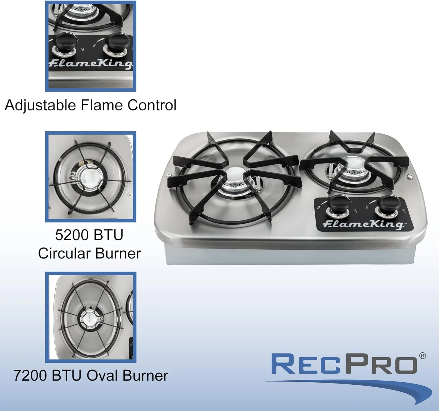 RecPro RV 2 Burner Gas Built-In Cooktop Stove with Cover Hood and Wind Guard | 7200 and 5200 BTU Burners