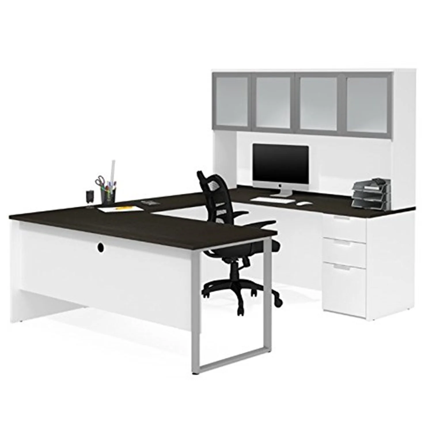 HomeStock Eclectic Exclusivity U-Desk With Frosted Glass Door Hutch In White & Deep Grey