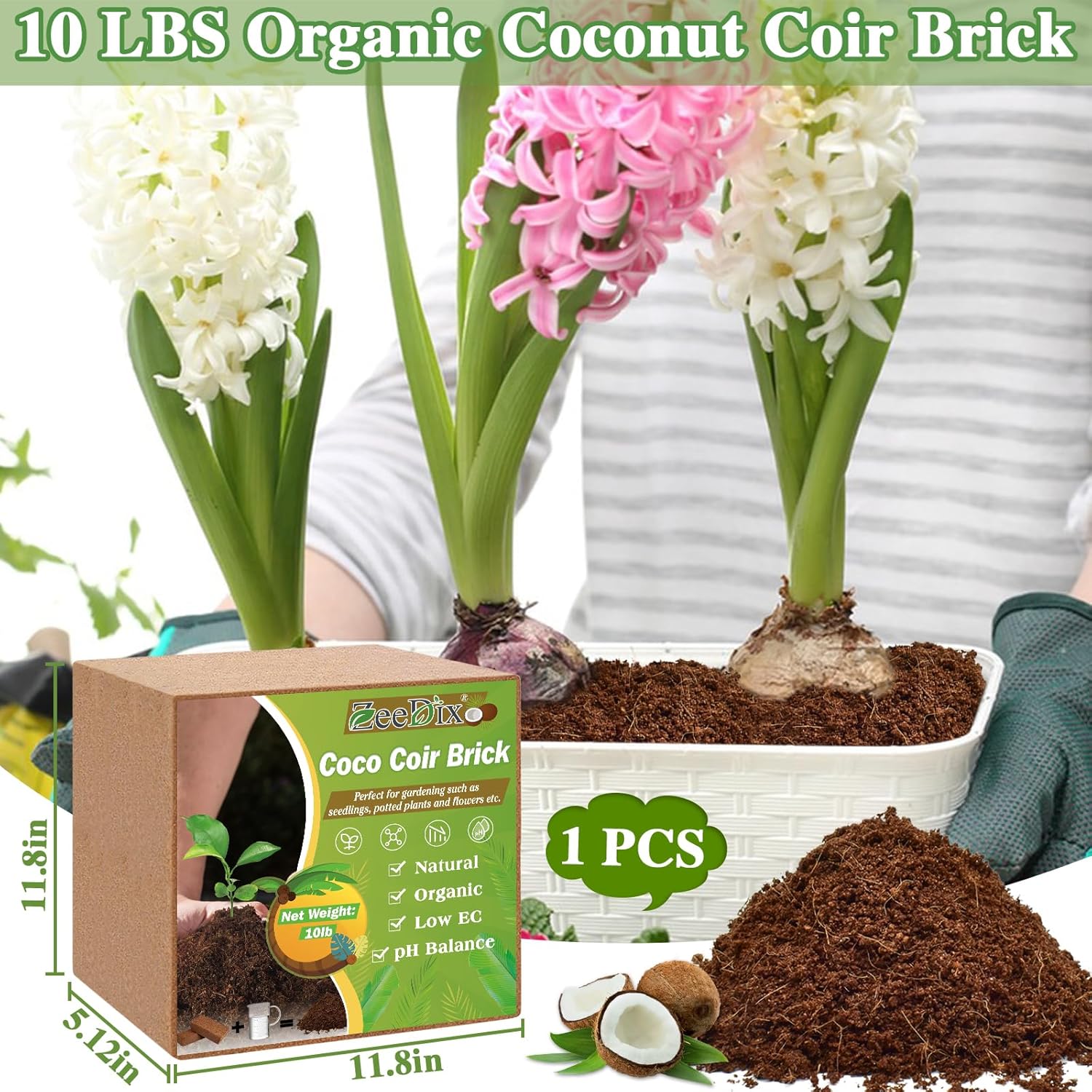 ZeeDix 10LB Premium Coconut Coir Compressed Coco Coir 100% Organic Coco Coir Brick Coconut Coir Bricks with Low EC and pH Balance for Plants Gardening Herbs