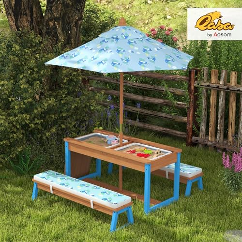 Qaba Kids Picnic Table, Wooden Table and Bench Set with Foldable Umbrella, Removable Cushions & Boxes, Dinosaur Theme Children Activity Table Outdoor Furniture for Patio, Blue