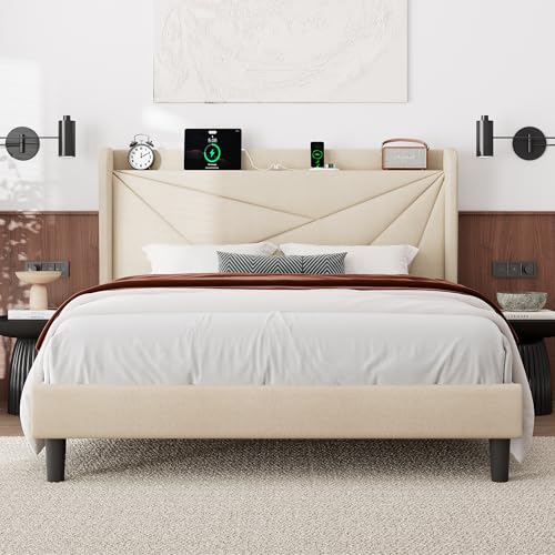 Feonase Queen Size Bed Frame with Charging Station, Linen Upholstered Platform Bed Frame with Wingback Storage Headboard, Solid Wood Slats Support, No Box Spring Needed, Noise Free, Black