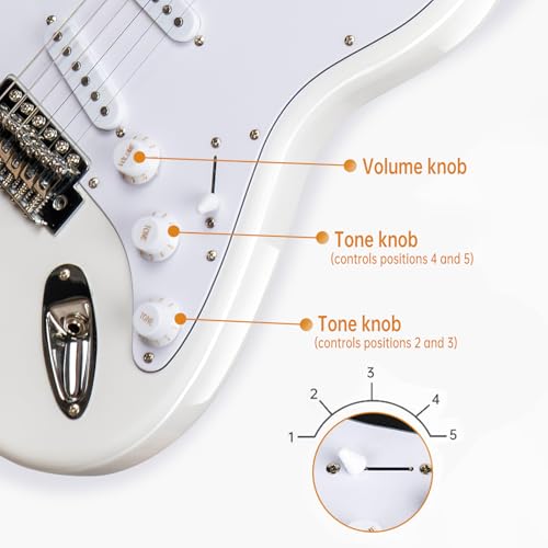 MOSEN 39in Full Size Beginner Electric Guitar Starter Kit, Beginner Starter, with Amplifier, SSS Pickups, Gig Bag, Pick, Tunner, Capo, Cable, Tremolo Bar, Wiping cloth - White