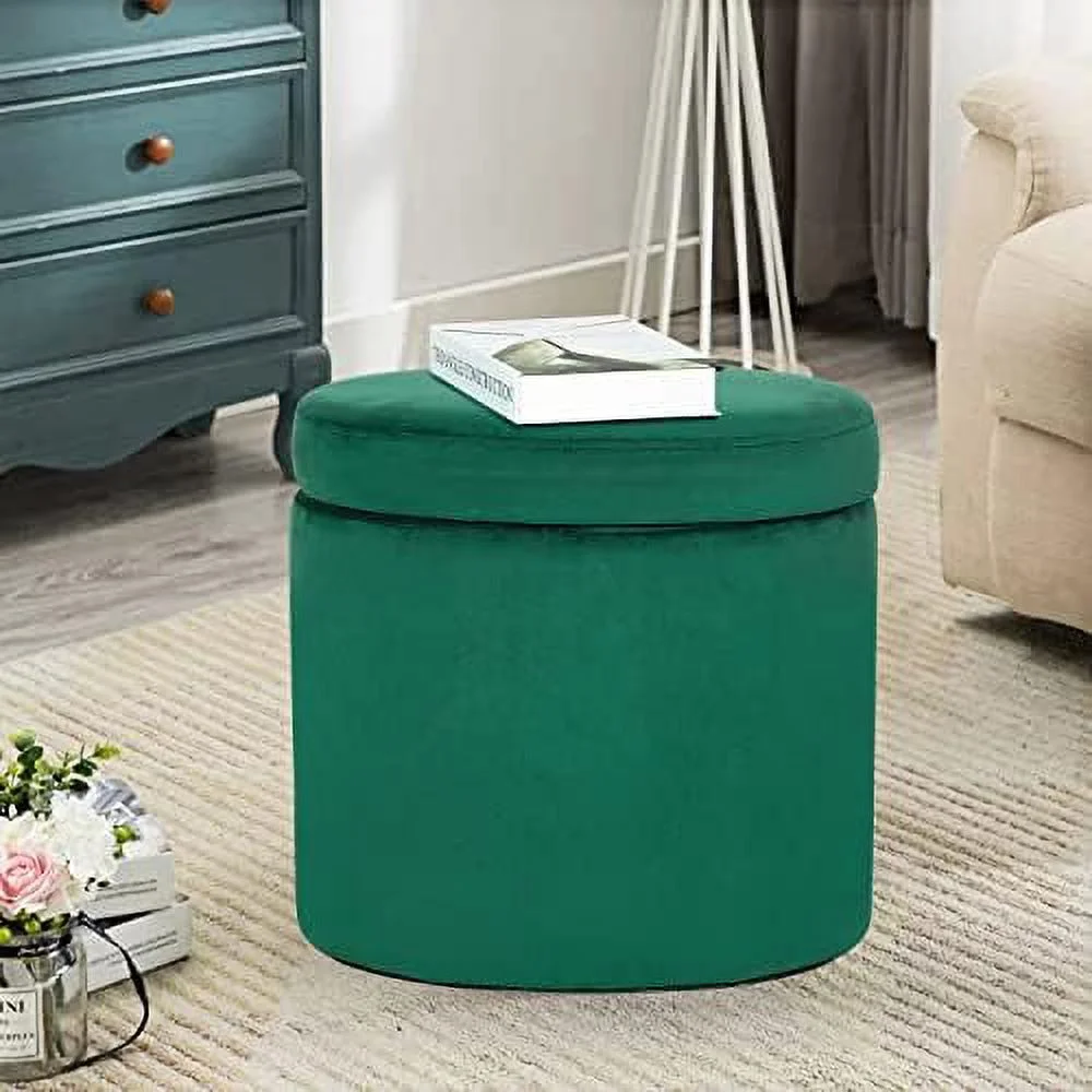 Storage Ottoman Flannel Footrest Oval Upholstered Footstool with Removable Lid for Living Room Bedroom(Green)