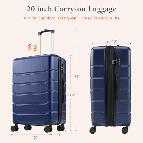 Sweetcrispy Carry on Luggage, Hard Shell ABS, Double Spinner Wheels Lightweight Suitcase TSA Lock, Navy Blue, 24 Inch